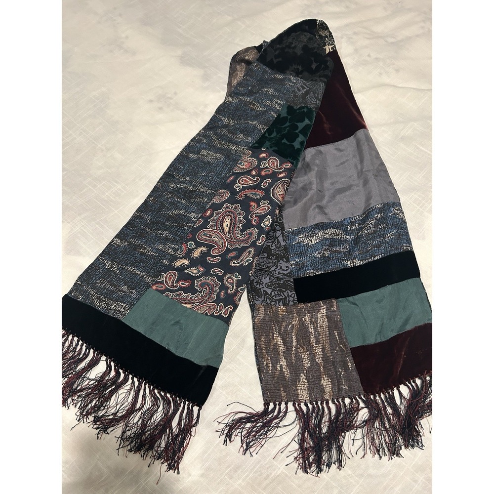 Vintage 90s Burnout Velvet & Silk Patchwork Scarf Fringed 57"x10" Boho Luxury - Picture 13 of 13